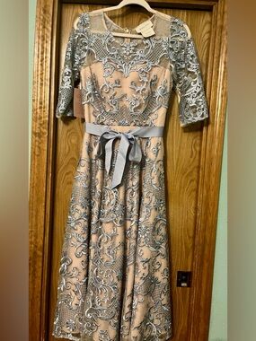 Sz 4 NWT Anthropologie BHLDN Blue Lace Hitherto Linden Midi Dress Nude Illusion